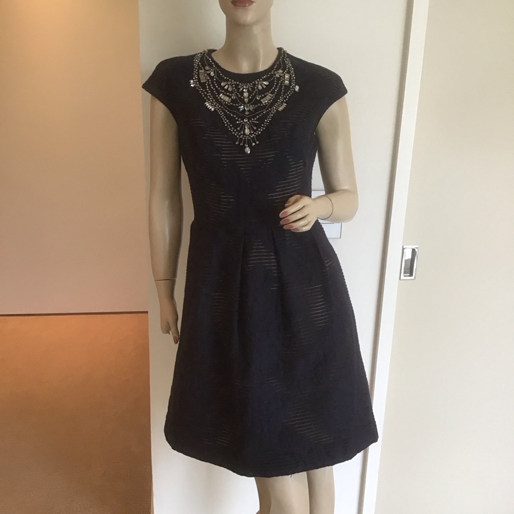 Lela Rose Navy Blue Floral Illusion Crystals Jeweled Neck Fit & Flare Dress 6